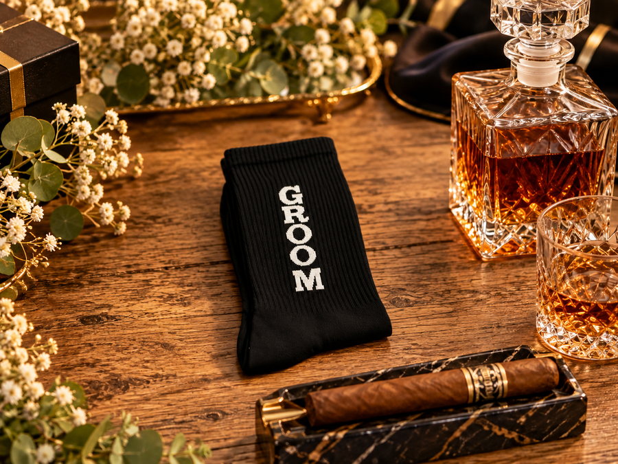 Black Groom Socks with White Lettering, Wedding Day Socks, Gift for Groom from Bride