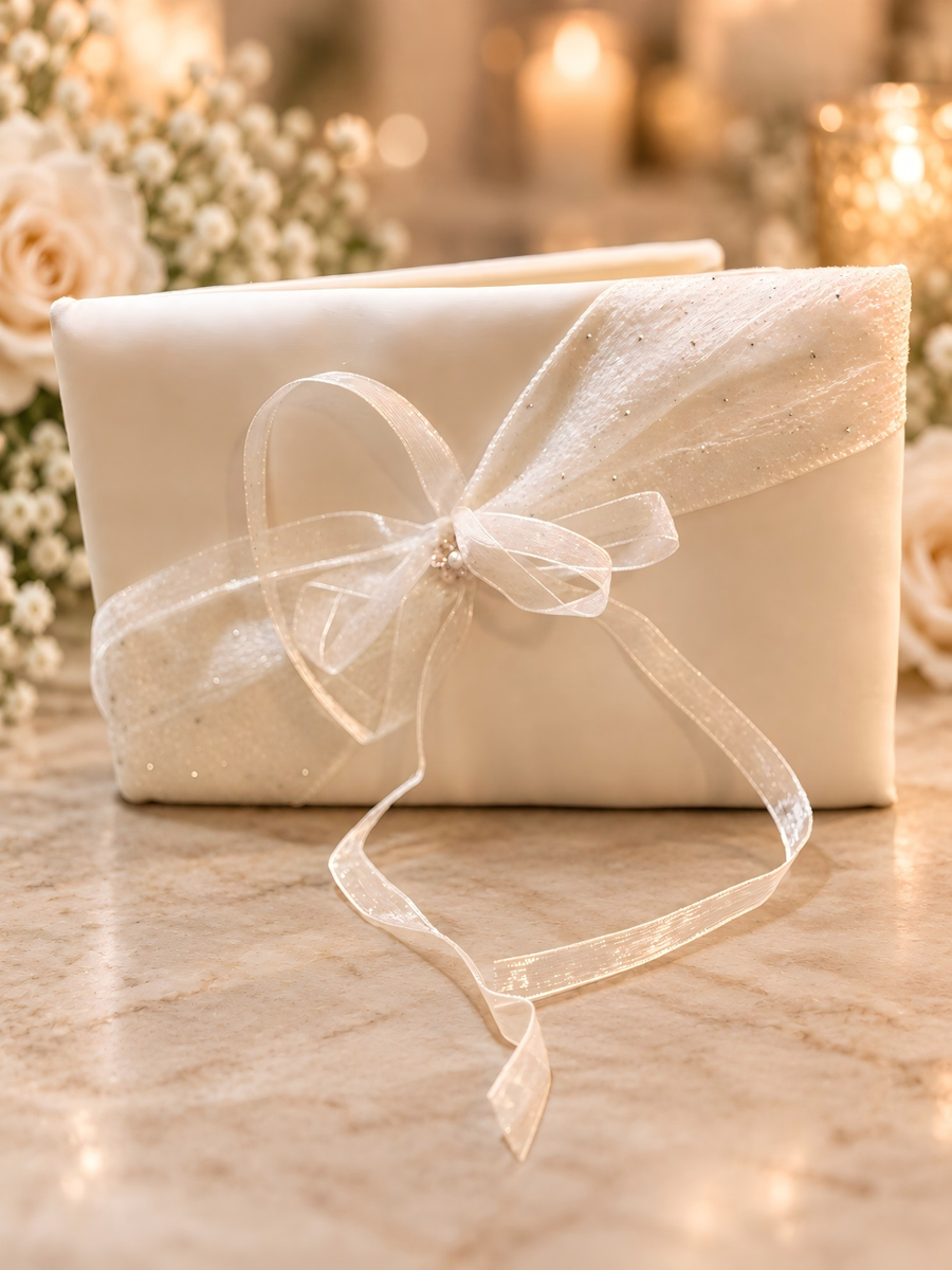 Modern White Wedding Guest Signature Book with Sheer Ribbon Bow and Bride & Groom Family Pages