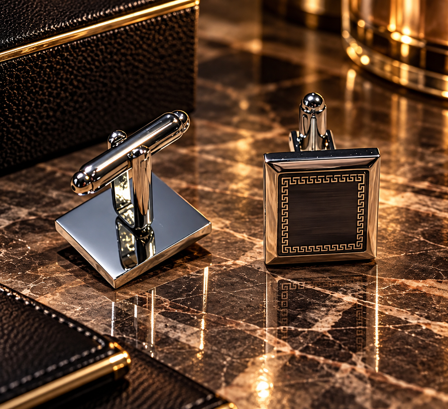 Square Greek Key Cufflinks with Dark Center and Polished Frame, Groom and Groomsmen Gift, Wedding Accessories