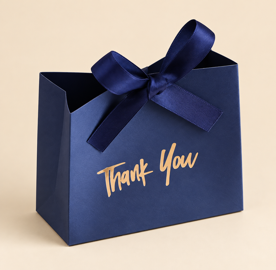 Blue Mini Thank You Gift Boxes with Gold Lettering and Satin Bow (10 per package)