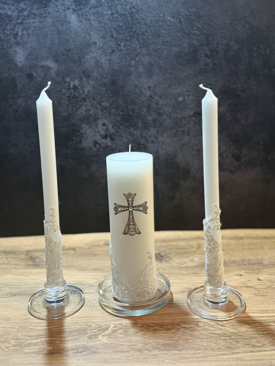 Elegant Cross Unity Candle Set – White Wedding Ceremony Candles