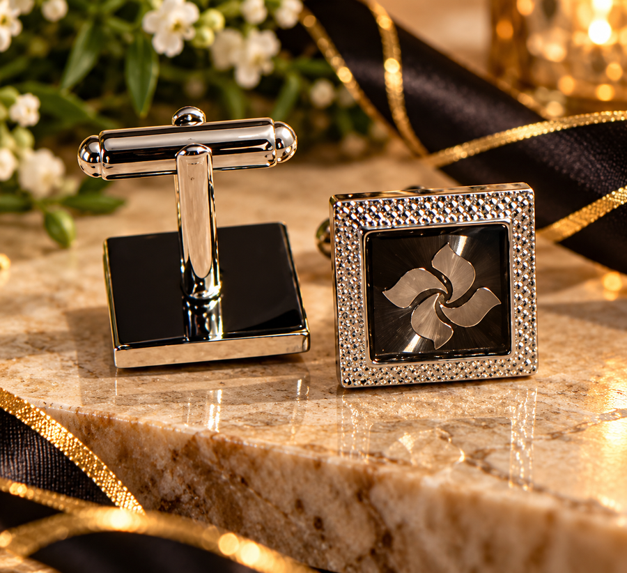Black and Silver-Tone Square Cufflinks with Swirl Design, Groom and Groomsmen Gift, Wedding Suit Accessories