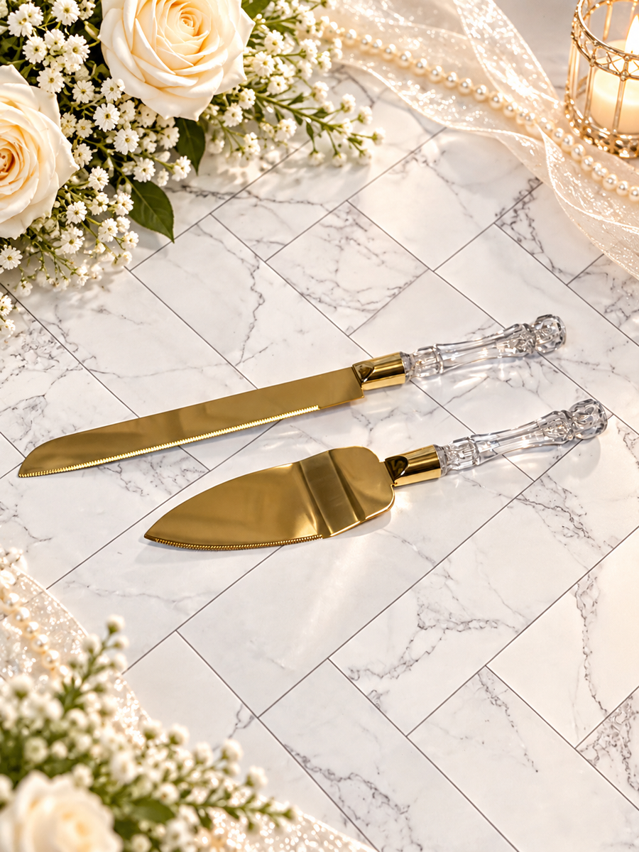 Gold Wedding Cake Cutting Set with Clear Decorative Handles, shown engraved with a sample name