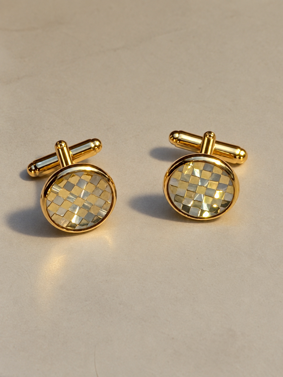 Gold-Tone Round Mosaic Cufflinks for Groom & Groomsmen