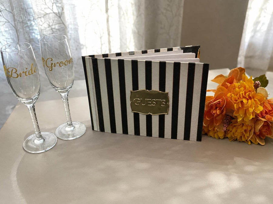 Elegant Wedding Guest Book | Black White Striped Hardcover, Gold Guests Plaque - image 1