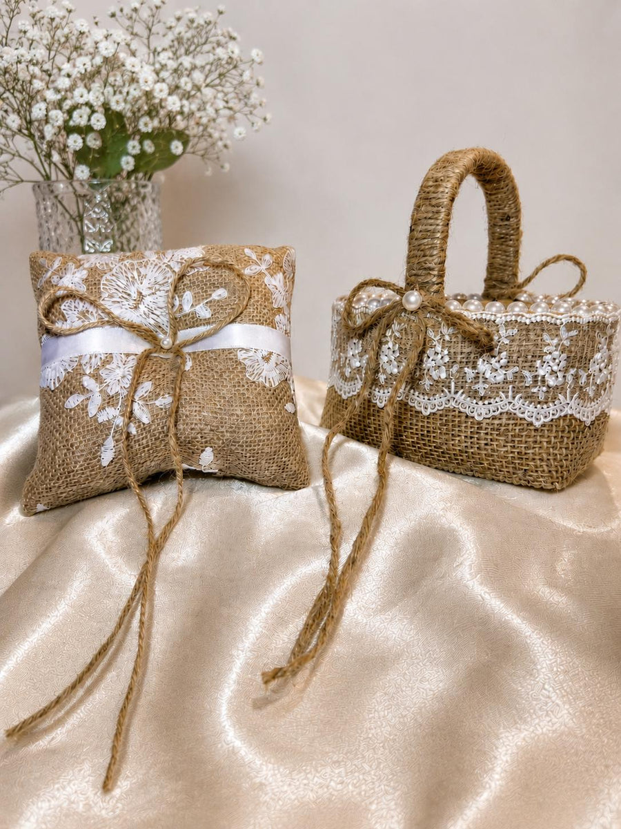 Boho Burlap Flower Girl Basket & Ring Bearer Pillow Set