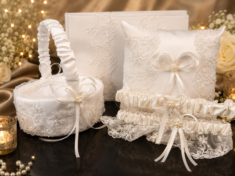 White Lace Wedding Guest Book Set
