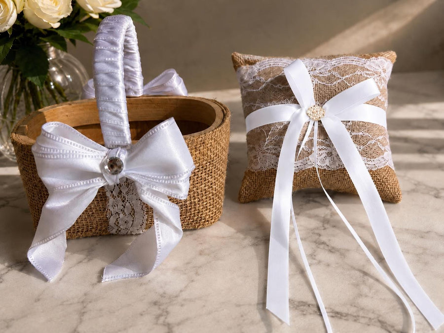 Rustic Burlap Flower Girl Basket Ring Bearer Pillow Set