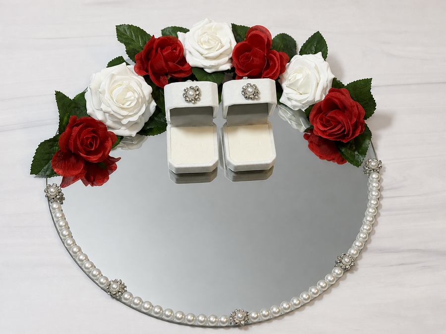 Personalized Romantic Red & White Rose Mirrored Ring Bearer Tray – Pearl Rhinestone Wedding Ring Display