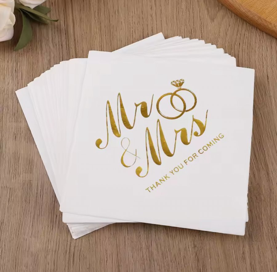 Mr. & Mrs. Gold Foil Wedding Napkins – Thank You for Coming, Pack of 20