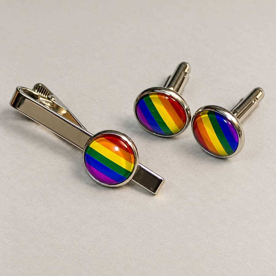 Rainbow Pride Cuff Links & Matching Tie Clip Set