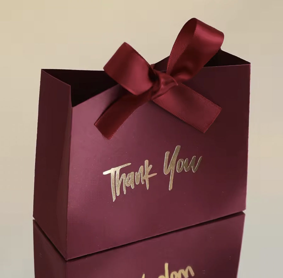 Burgundy Mini Thank You Gift Boxes with Gold Lettering and Satin Bow (10 to a pack)