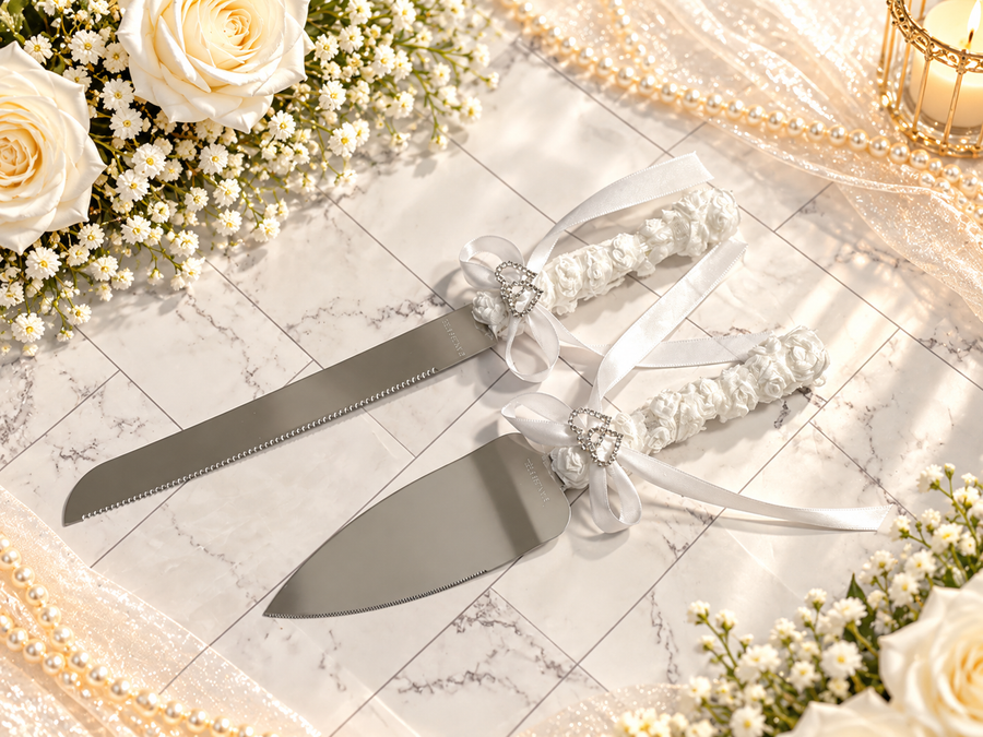 White Wedding Cake Cutting Set with Ribbon Bows and Double Heart Accents, Silver-Tone Cake Knife and Server