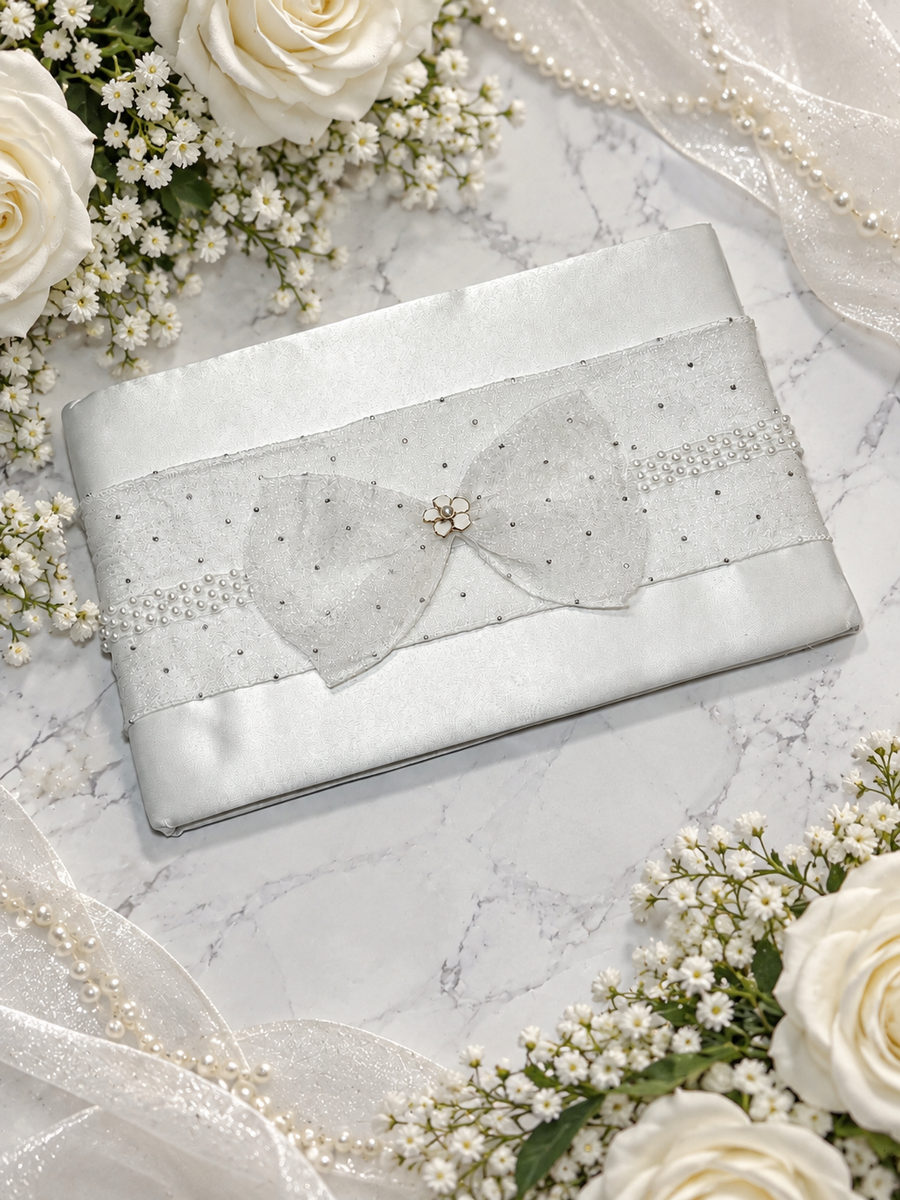 Elegant White Pearl Bow Wedding Guest Book Hardcover Sign In Book