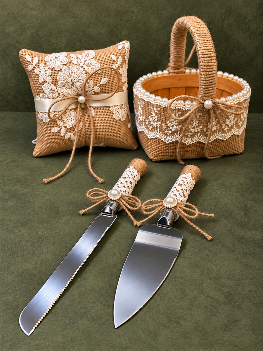4-Piece Rustic Wedding Accessory Bundle – Burlap & Lace Flower Girl Basket, shown engraved with a sample name