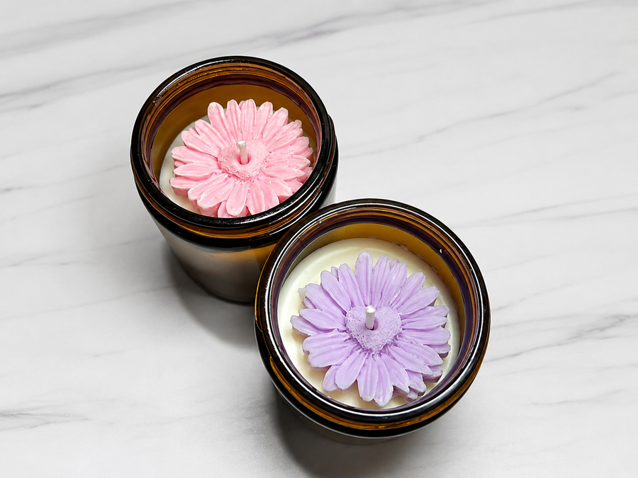 Amber Jar Flower Candle | Handmade Floral Candle | Romantic Home Decor | Flower Candle Gift | Wedding Favor | Bridal Shower Gift