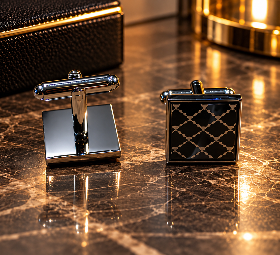 Square Geometric Cufflinks with Diamond Lattice Pattern, Polished Frame, Groom and Groomsmen Gift