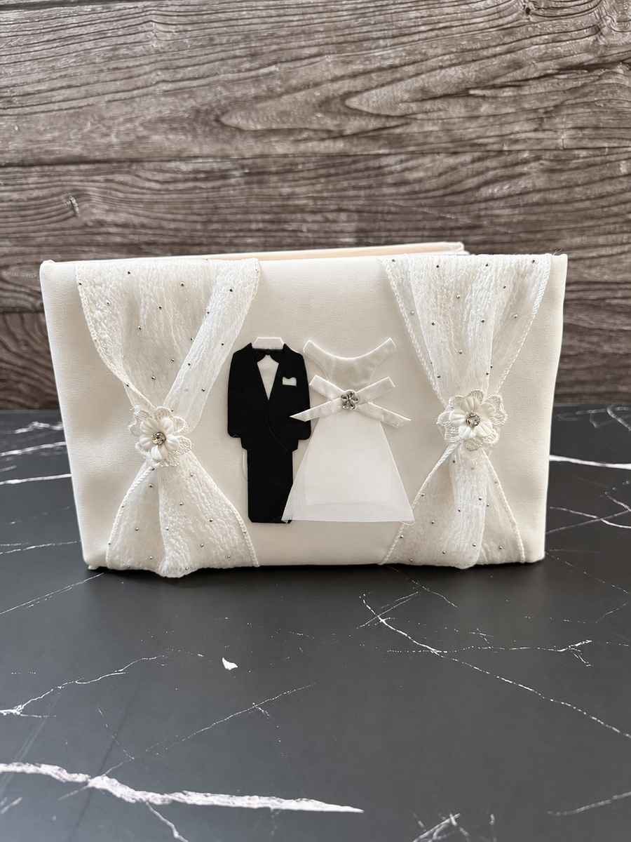 Bride and Groom Wedding Guest Book – White Lace and Rhinestone Reception Keepsake with Guest Message Pages