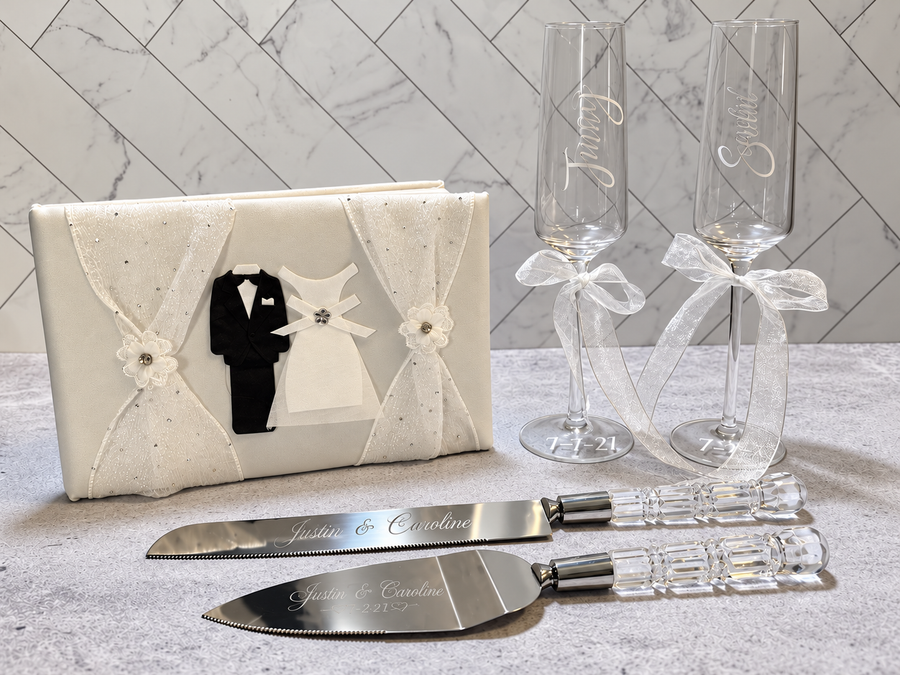 5 Piece Set White Wedding Reception Bundle, Bride and Groom Guest Book, Champagne Flutes & Cake Knife and Server