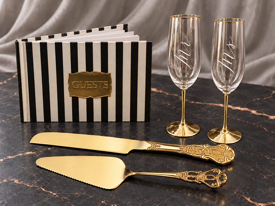 Black & Gold Wedding Bundle | Striped Guest Book, Mr & Mrs Champagne Flutes & Gold Cake Serving Set