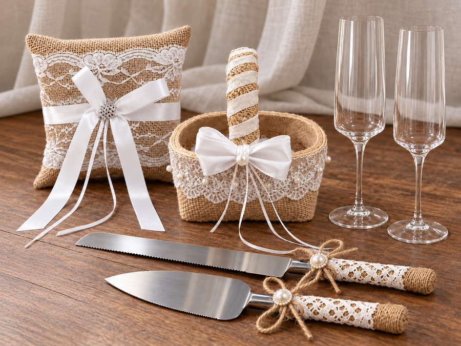 6 Piece Rustic Burlap and Lace Wedding Bundle | Basket, Ring Pillow, Cake Serving Set & Champagne Flutes