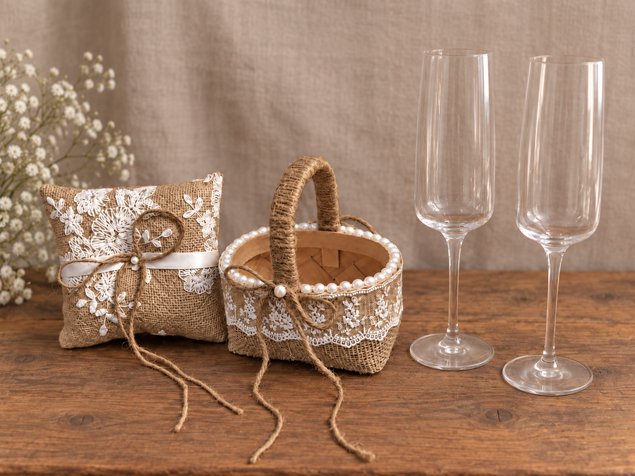 Rustic Burlap and Lace Wedding Bundle | Flower Girl Basket, Ring Bearer Pillow & Champagne Flutes