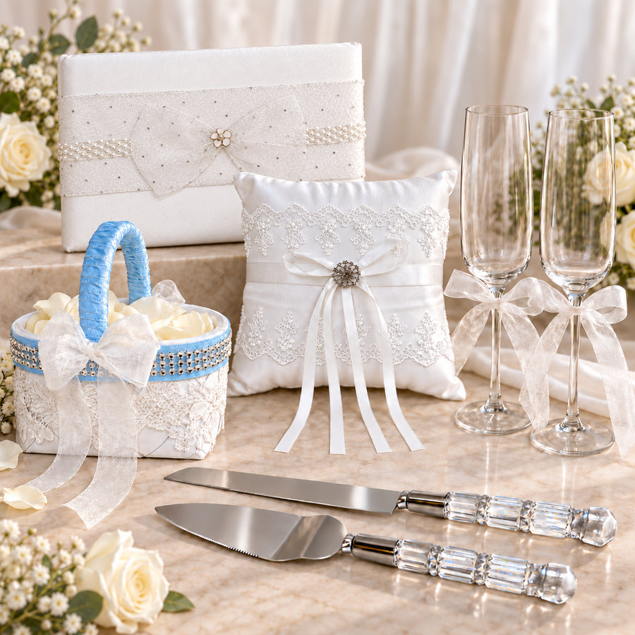 7 Piece Something Blue Wedding Bundle | Guest Book, Flower Girl Basket, Ring Pillow, Champagne Flutes & Cake Serving Set