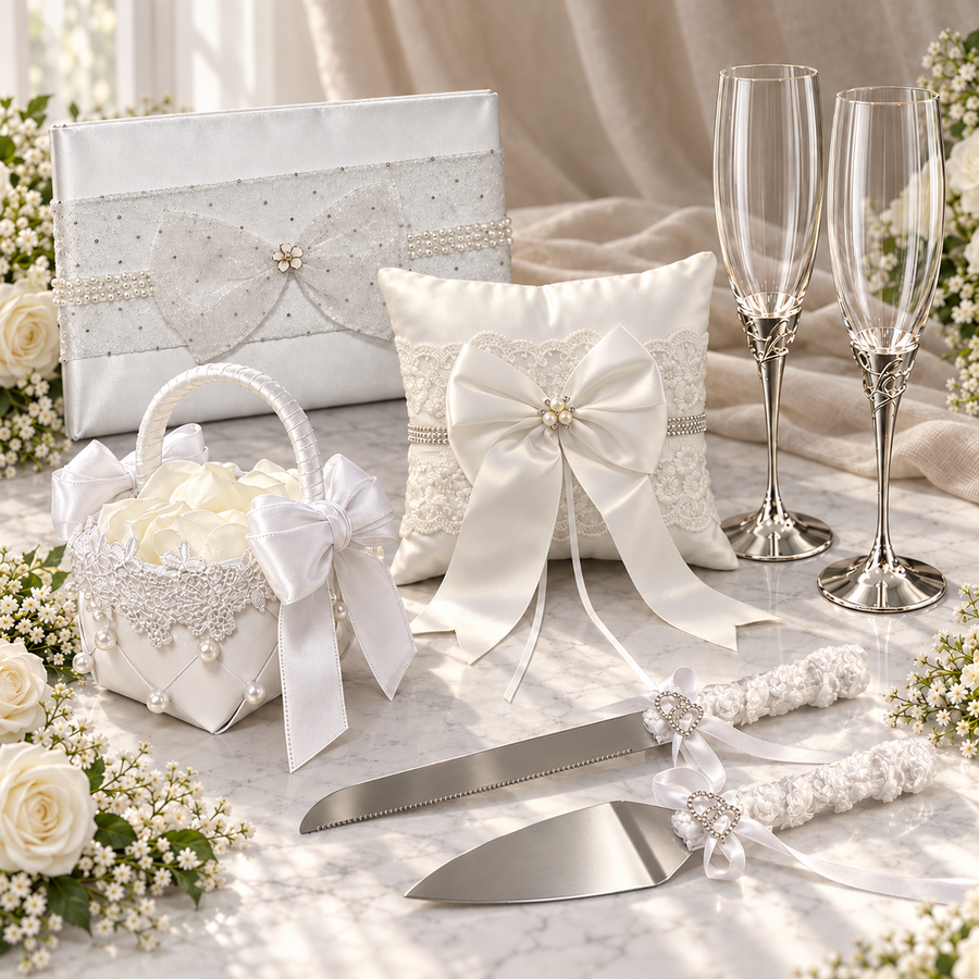 7 Piece White and Silver Wedding Bundle | Guest Book, Flower Girl Basket, Ring Pillow, Flutes & Cake Serving Set