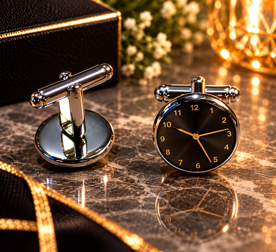 Clock Face Cufflinks with Black Dial and Gold-Tone Details, Round Silver-Tone Cufflinks, Groom and Groomsmen Gift