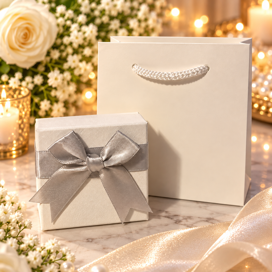 Elegant White Jewelry Gift Box with Silver Satin Bow and Bag Gift Set (Wedding Keepsake)