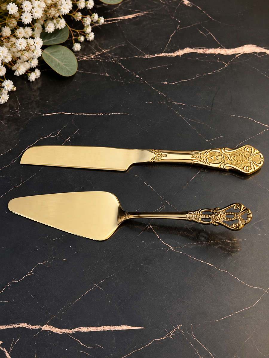 2 piece vintage palace gold bread knife and cake spatula set