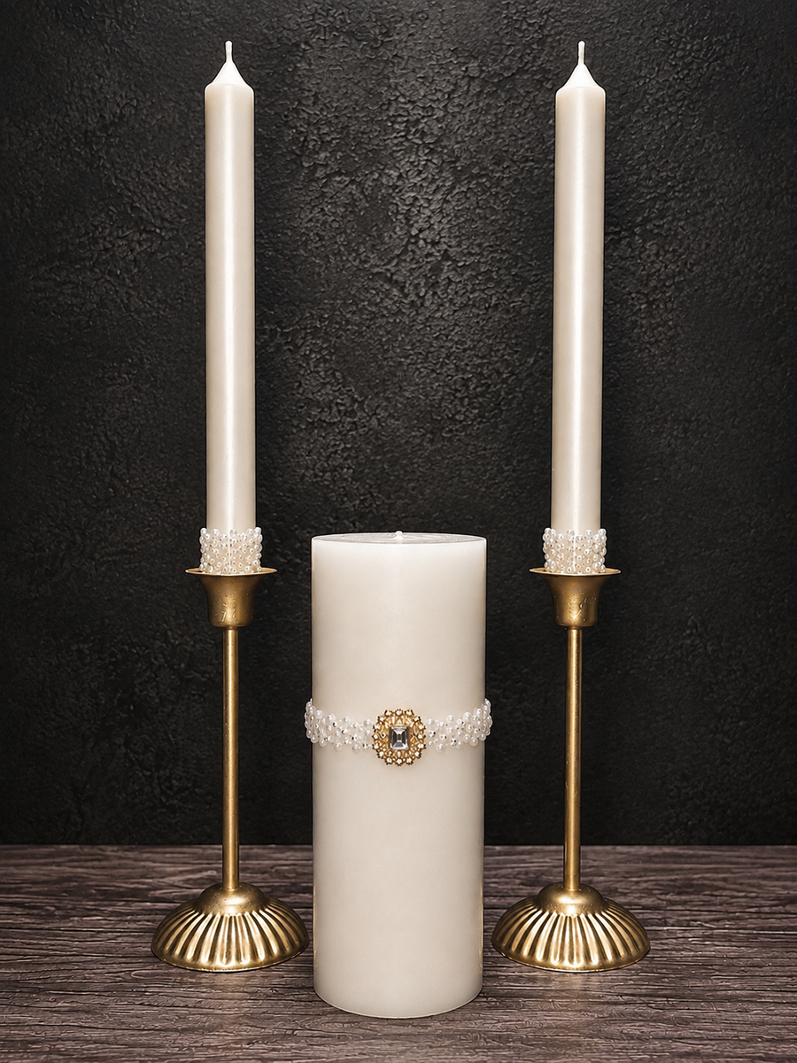 Gold & Pearl Unity Candle Set, Elegant Wedding Ceremony Candles, Luxury Wedding Candle Set