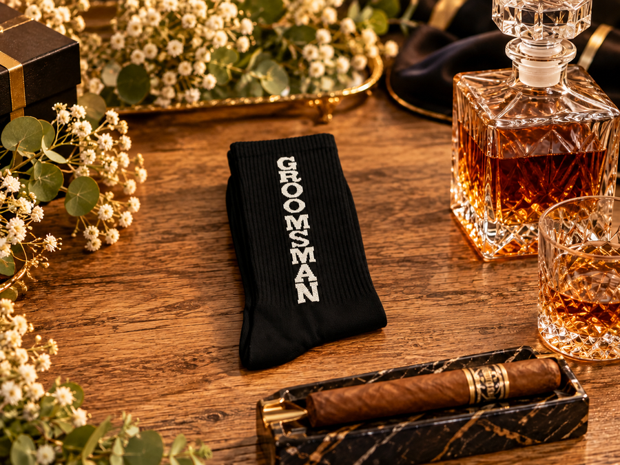 Black Groomsman Socks with White Lettering, Groomsmen Gift, Wedding Party Socks and Proposal Box Gift