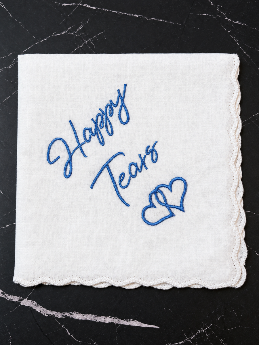 Happy Tears Wedding Handkerchief – White Scalloped Hanky with Blue Embroidery and Hearts