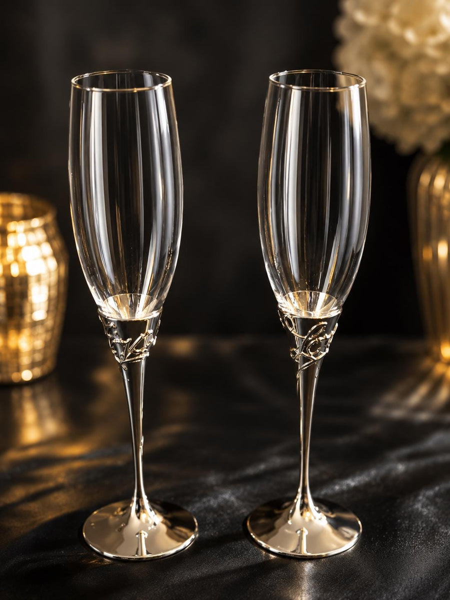 Personalized Silver Wedding Champagne Flutes | Elegant Bride Groom Toasting Glasses - image 1