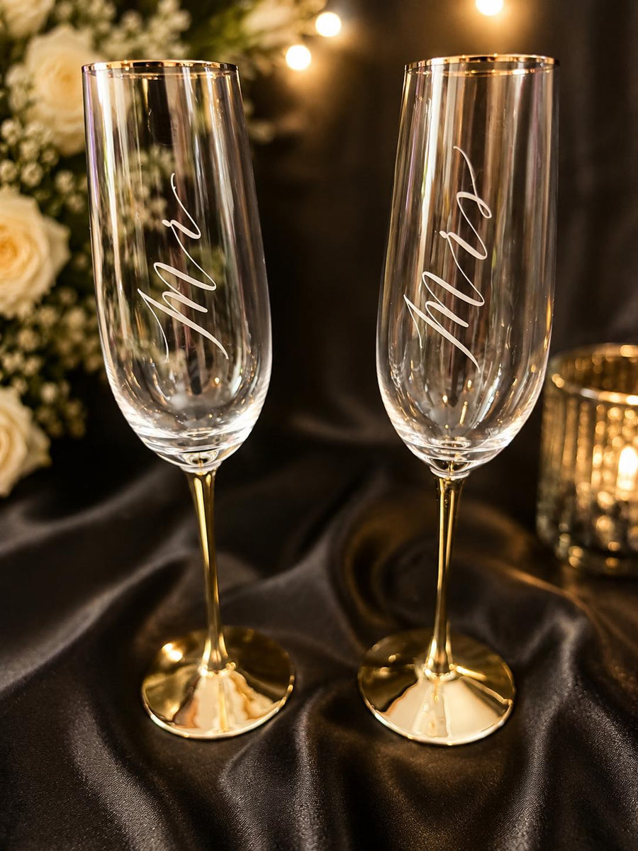 Personalized Mr. & Mrs. Gold Stem Champagne Flutes, Wedding Toasting Glasses - image 1