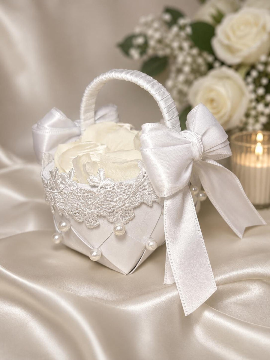 Personalized Elegant White Flower Girl Basket | Pearl & Satin Wedding Basket | Classic Bridal Ceremony Accesso - image 1