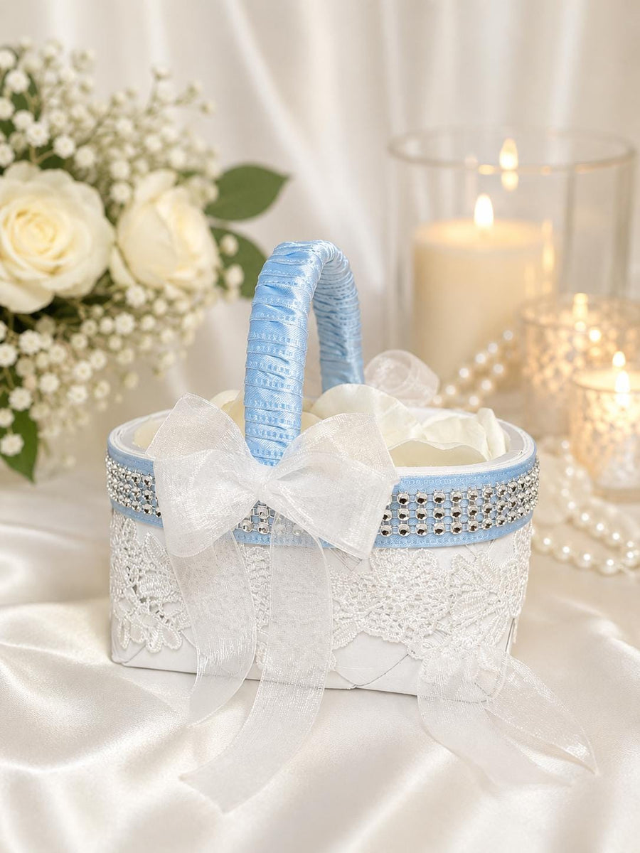 Personalized Dusty Blue Flower Girl Basket | White Lace Rhinestone Wedding Ceremony Accessory - image 1
