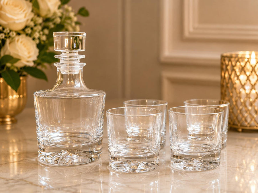 Engraved Crystal Whiskey Set: Decanter and Four Bourbon Glasses – Personalized Wedding Groom Gift, shown engraved with a sample name