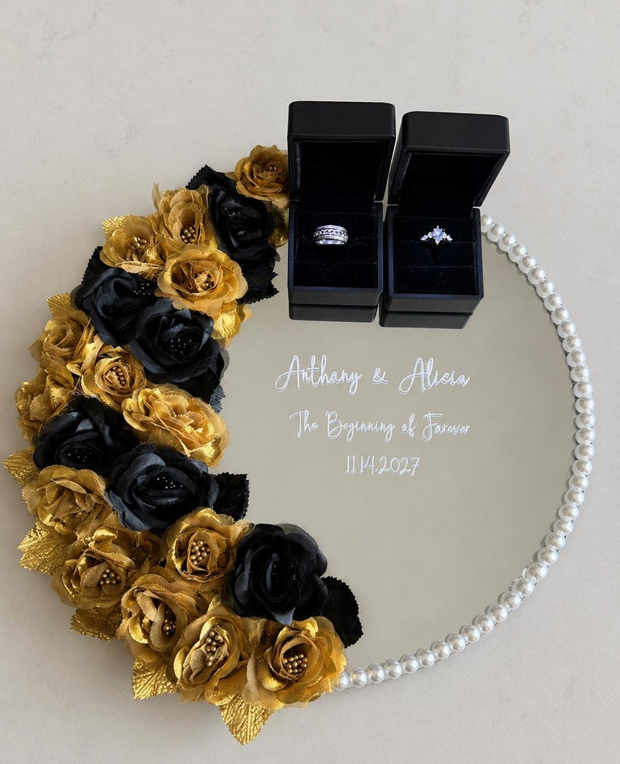 Personalized Wedding Ring Display Mirror, shown engraved with a sample name