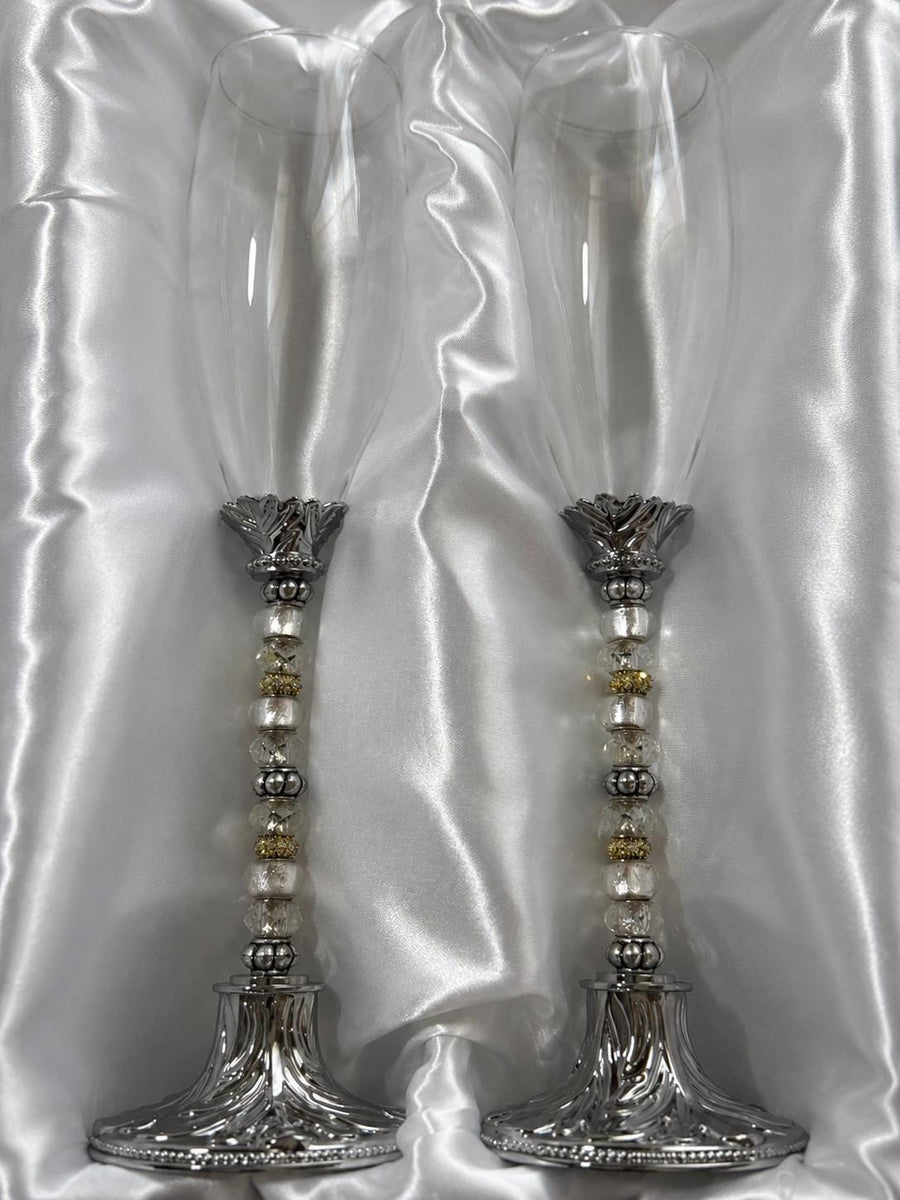 Personalized Crystal Beaded Champagne Flutes | Silver Wedding Toasting Glasses, Bride Groom Set - image 1