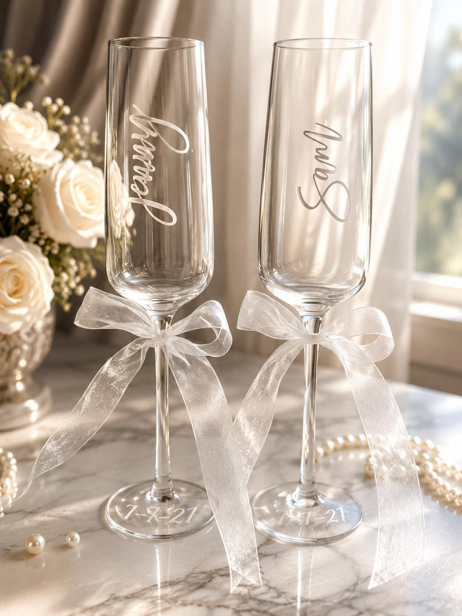 Personalized Wedding Champagne Flutes, Bride Groom Toasting Glasses, White Organza Bows, Custom Keepsake - image 1