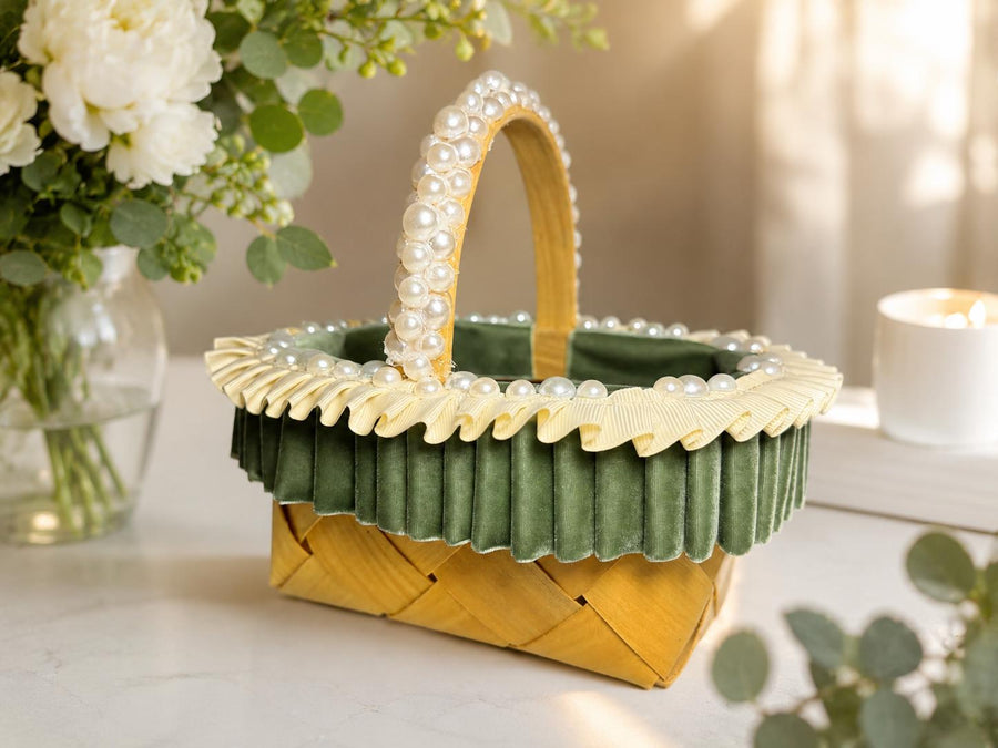Personalized Sage Green Flower Girl Basket | Pearl Handle, Ivory Satin Wedding Ceremony Accessory - image 1