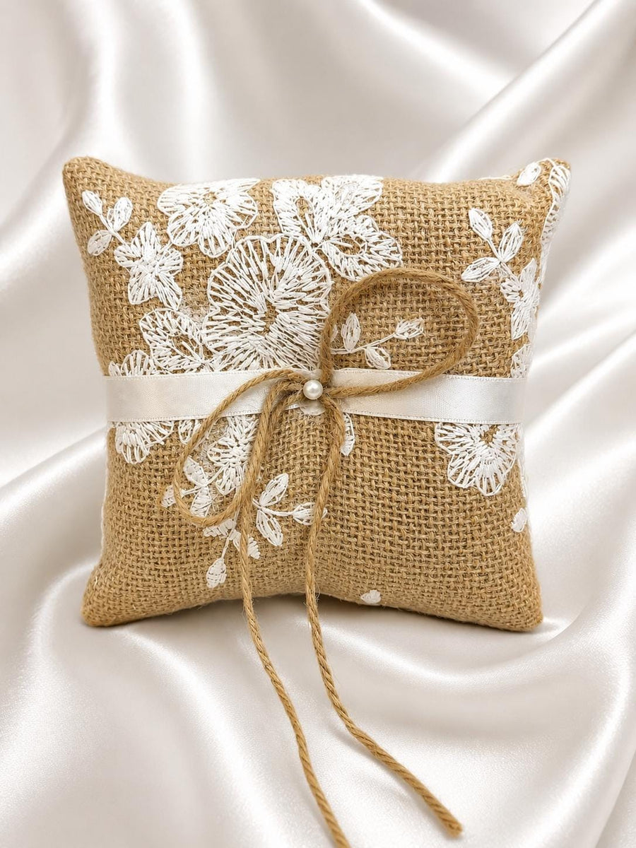 Burlap & White Lace Ring Bearer Pillow | Rustic Chic Wedding Ceremony Pillow | Farmhouse Bridal Decor - image 1