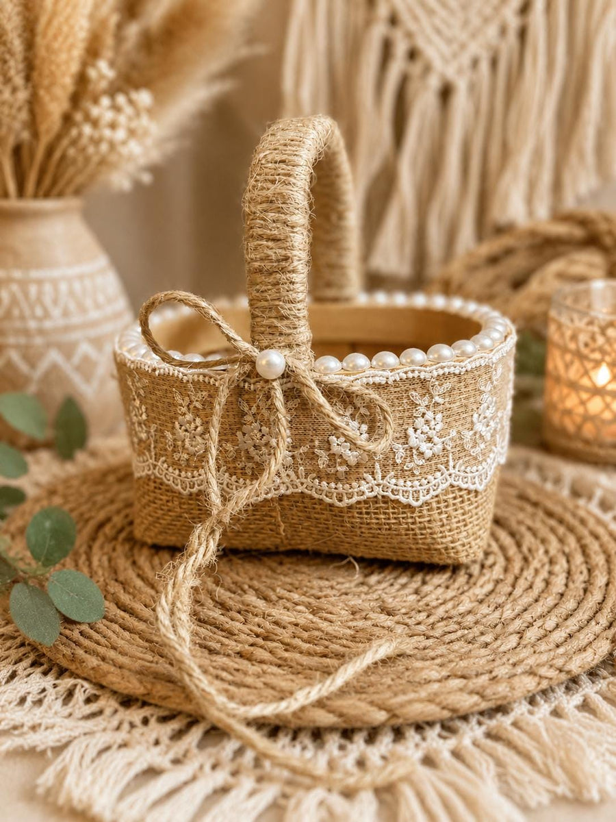 Personalized White Lace Flower Girl Basket | Burlap Wedding Petal Basket | Rustic Ceremony Decor - image 1