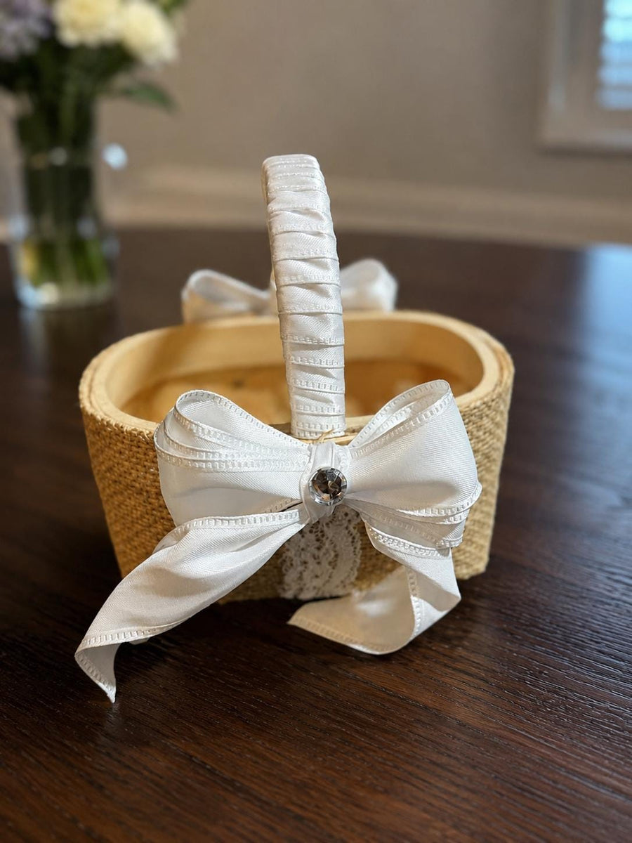 Personalized Burlap Flower Girl Basket | White Satin Bow, Rustic Boho Wedding - image 1