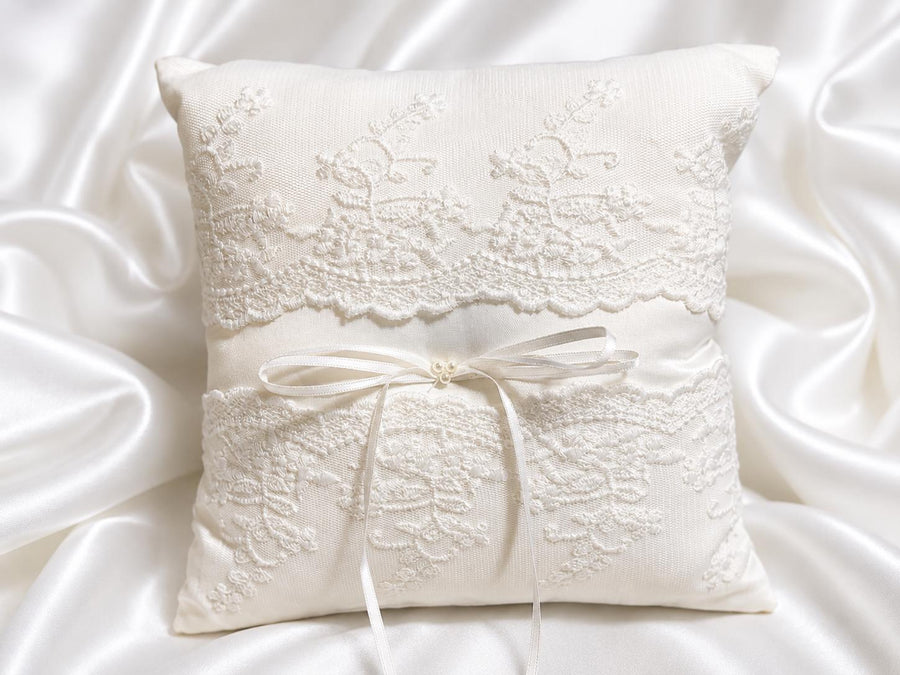 White Satin & Lace Ring Bearer Pillow | Elegant Wedding Ceremony Ring Cushion - image 1