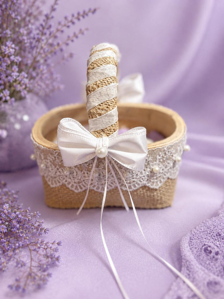 Personalized White Lace Flower Girl Basket | Rustic Burlap Petal Basket | Farmhouse Wedding Decor - image 1