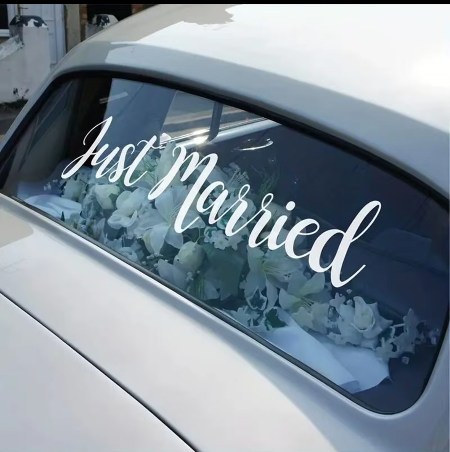 White Just Married Car Window Decal | Script Wedding Send-Off Sticker