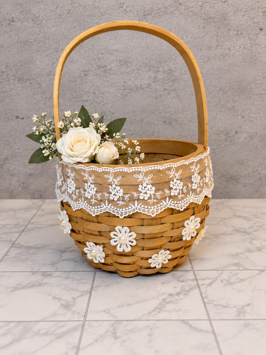White Lace Flower & Flowers Flower Girl Basket – Rustic Wedding Petal Basket with Pearl Accents
